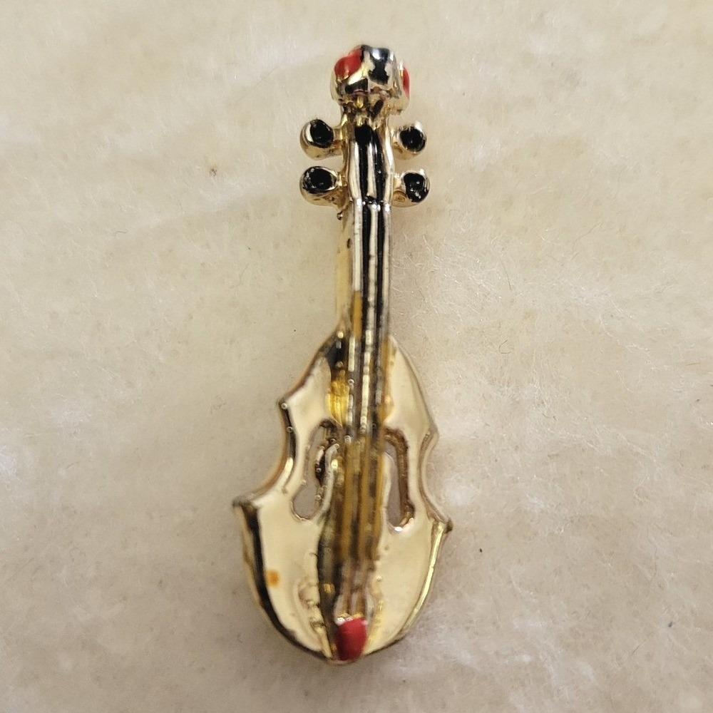 Vintage Unsigned Gold Tone‎ Enamel Violin Or Fiddle Lapel Pin Brooch 1.25"